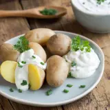 Gedämpfte Kartoffeln mit Kräuterquark und Schnittlauch, schnell in der Mikrowelle zubereitet.