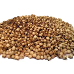 Ein Haufen knuspriger, gerösteter Quinoa Pops mit Gewürzen.