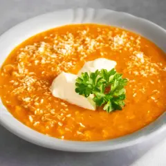 Ein cremiger, orangefarbener rote linsen eintopf, bestreut mit Kokosraspeln und garniert mit einem Klecks Sauerrahm und frischer Petersilie.