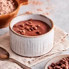 Schokoladenpudding mit Schokotröpfchen, bereit zum Genießen. Perfekt, um Pudding selber machen zu lernen.