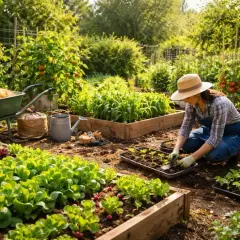 Frau pflanzt Setzlinge im Garten. Juni ist eine gute Zeit, um viele Gemüsesorten zu pflanzen, wie z.B. Tomaten und Salat.