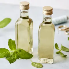 Zwei Flaschen mit selbstgemachtem Minzsirup, umgeben von frischen Minzblättern. Perfekt für Cocktails oder Limonaden.