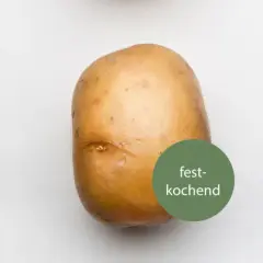 Drei Kartoffeln mit Beschriftungen: mehligkochend, festkochend, vorwiegend festkochend. Ein Steckbrief für die Kartoffel.