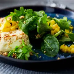 Vegane Vorspeisen: Gebratener Tofu mit Mango, Sesam und frischen Kräutern auf blauem Teller.