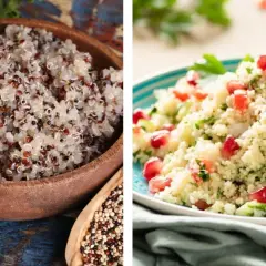 Links: Quinoa in Holzschale. Rechts: Couscous mit Granatapfelkernen und Petersilie. Eine köstliche Wahl zwischen Couscous oder Reis.