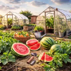Sonnenuntergang über einem Garten mit Gewächshäusern, wo man erfolgreich **melonen anbauen** kann. Reife Wassermelonen liegen auf dem Boden.
