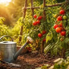 Reife Tomaten an einem sonnigen Gartentag, neben einer Gießkanne und einer kleinen Schaufel.