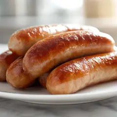 Saftige bratwurst im backofen, goldbraun gebraten auf einem weißen Teller.