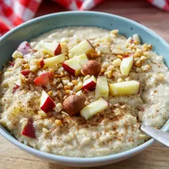 Ein köstlicher Porridge mit Apfelstücken, Nüssen und Zimt. Das ist Porridge, was ist das? Ein gesundes Frühstück!