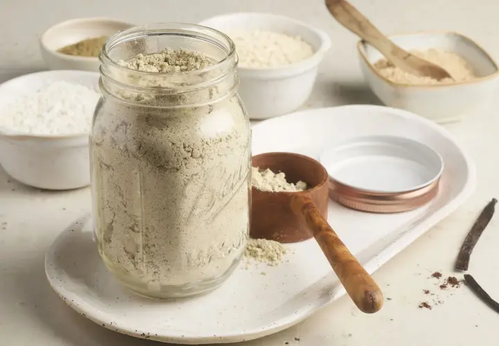 Glas gefüllt mit selbstgemachtem Proteinpulver, daneben Schüsseln mit Zutaten. Perfekt für dein Proteinshake-Rezept!