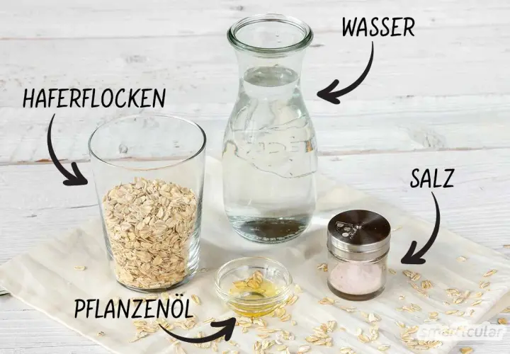 Zutaten für vegane Sahne selber machen: Haferflocken, Wasser, Pflanzenöl und Salz.