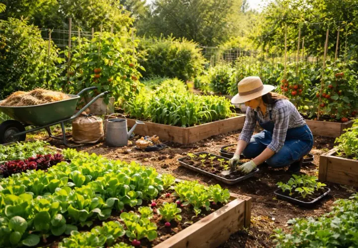 Frau pflanzt Setzlinge im Garten. Juni ist eine gute Zeit, um viele Gemüsesorten zu pflanzen, wie z.B. Tomaten und Salat.