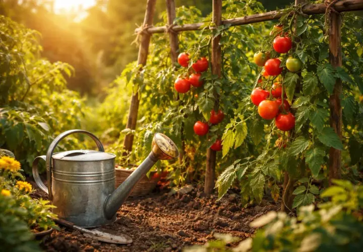 Reife Tomaten an einem sonnigen Gartentag, neben einer Gießkanne und einer kleinen Schaufel.