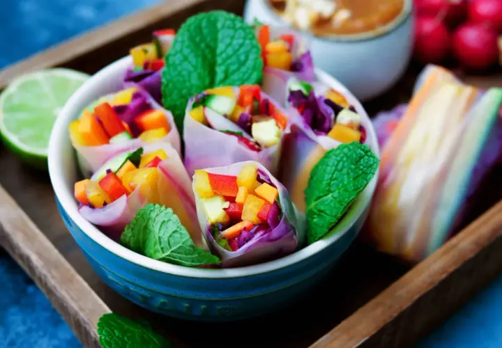 Frische Sommerrollen mit buntem Gemüse und Minze, ein tolles Sommerrollen Rezept für heiße Tage.