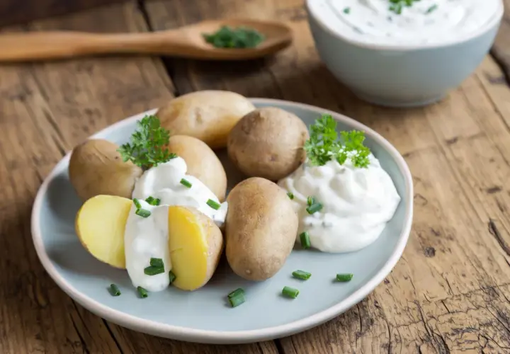 Gedämpfte Kartoffeln mit Kräuterquark und Schnittlauch, schnell in der Mikrowelle zubereitet.