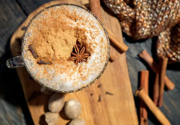 Ein Glas mit Milchschaum, Zimt und Sternanis. Perfekt, um chai selber machen zu lernen. Gewürze wie Zimtstangen und Muskatnüsse liegen daneben.