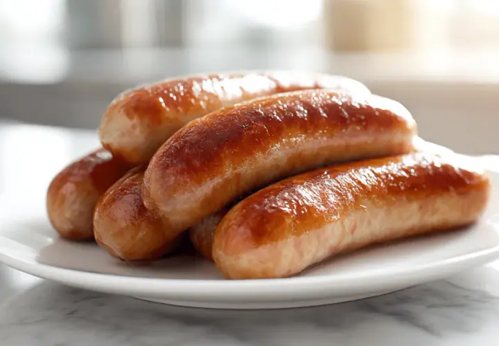 Saftige bratwurst im backofen, goldbraun gebraten auf einem weißen Teller.