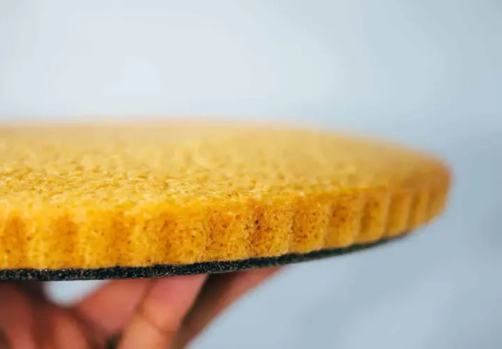 Ein goldbrauner, luftiger veganer Tortenboden wird von einer Hand gehalten. Perfekt für deine nächste Kreation!