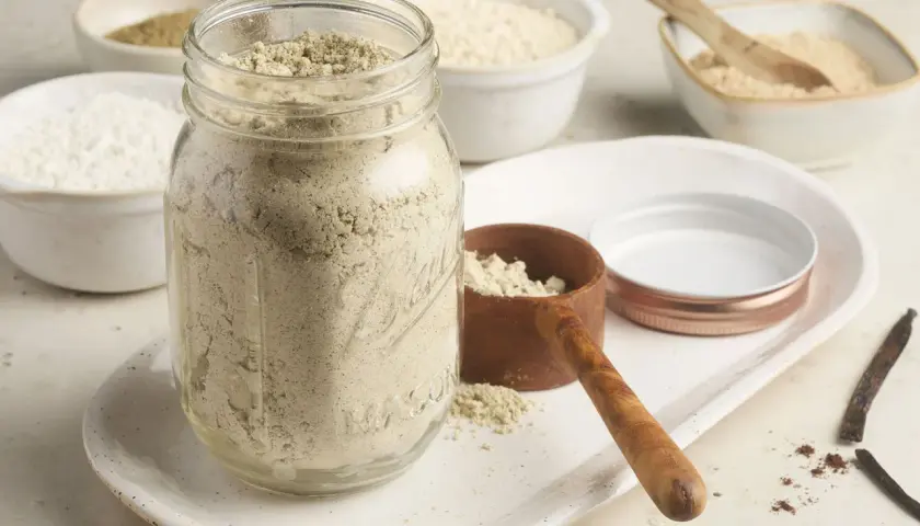 Glas gefüllt mit selbstgemachtem Proteinpulver, daneben Schüsseln mit Zutaten. Perfekt für dein Proteinshake-Rezept!