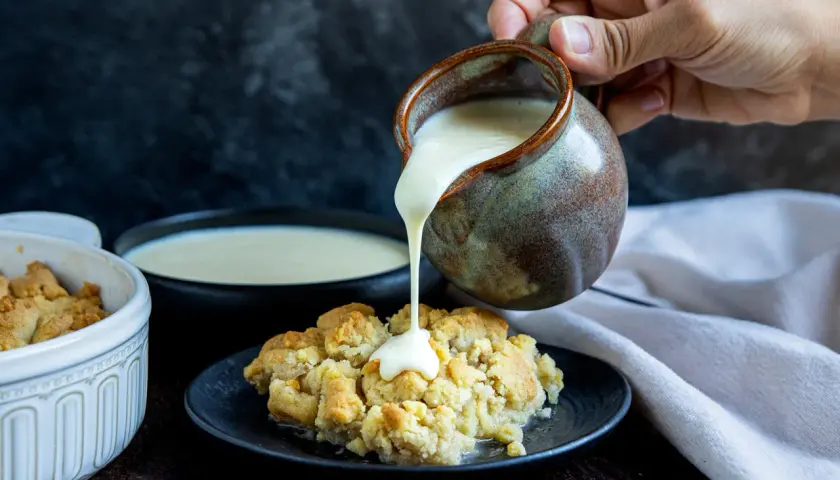 Vanillesauce selber machen: Ein goldbrauner Crumble wird mit cremiger Vanillesauce aus einem Krug übergossen.