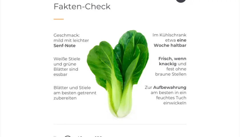 Ein frischer Pak Choi mit knackigen, grünen Blättern und weißen Stielen. Mild im Geschmack mit leichter Senf-Note.