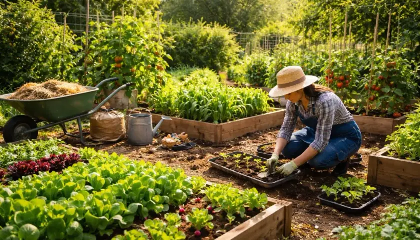 Frau pflanzt Setzlinge im Garten. Juni ist eine gute Zeit, um viele Gemüsesorten zu pflanzen, wie z.B. Tomaten und Salat.