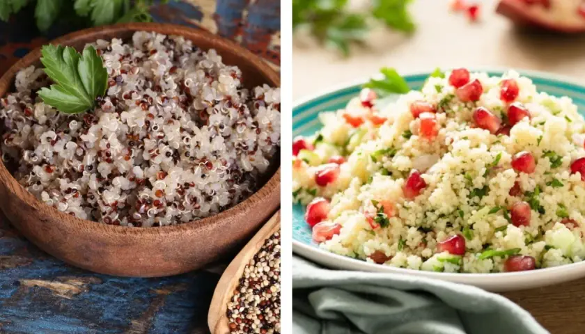 Links: Quinoa in Holzschale. Rechts: Couscous mit Granatapfelkernen und Petersilie. Eine köstliche Wahl zwischen Couscous oder Reis.