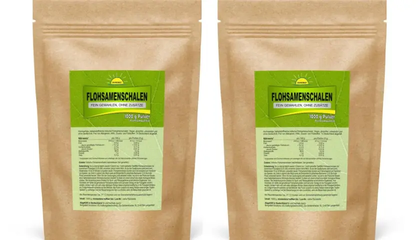 Zwei Packungen feingemahlene Flohsamenschalen, 1000g Pulver. Ideal als Ersatz für Flohsamenschalen in der Küche.