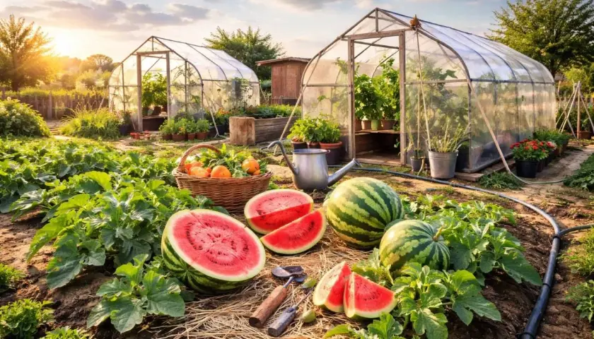 Sonnenuntergang über einem Garten mit Gewächshäusern, wo man erfolgreich **melonen anbauen** kann. Reife Wassermelonen liegen auf dem Boden.