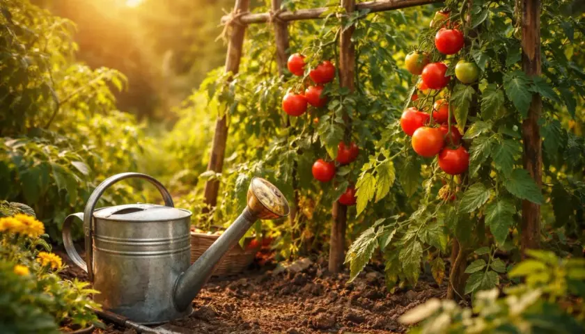 Reife Tomaten an einem sonnigen Gartentag, neben einer Gießkanne und einer kleinen Schaufel.
