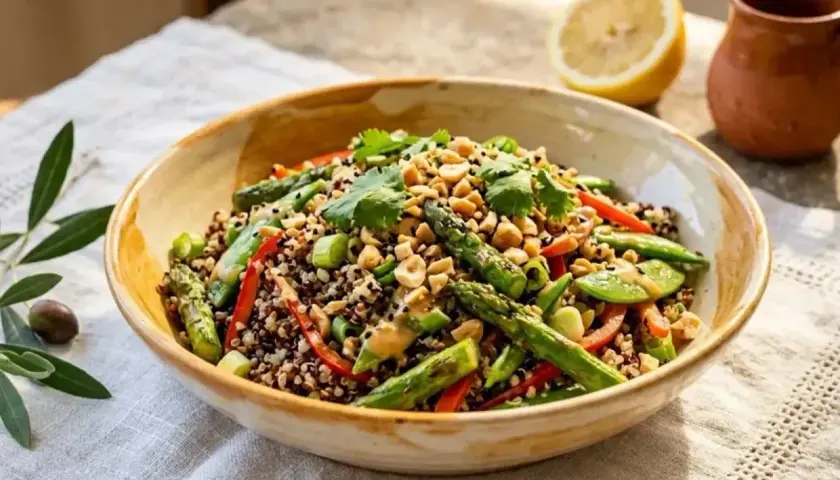 Bunter Quinoa-Salat mit Spargel, Paprika und Erdnüssen. So schmeckt Quinoa frisch und leicht!