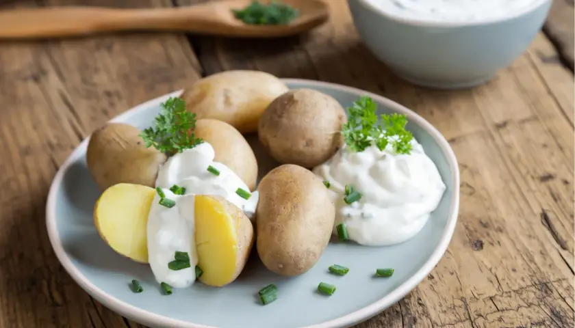 Gedämpfte Kartoffeln mit Kräuterquark und Schnittlauch, schnell in der Mikrowelle zubereitet.