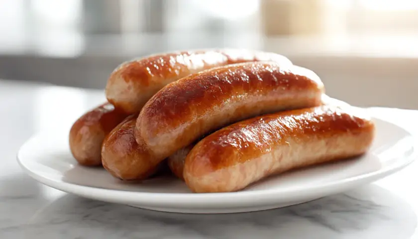 Saftige bratwurst im backofen, goldbraun gebraten auf einem weißen Teller.