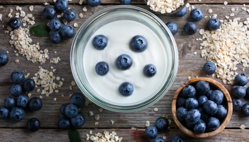 Frischer, veganer Joghurt mit Blaubeeren und Haferflocken – so einfach lässt sich veganen Joghurt selber machen.
