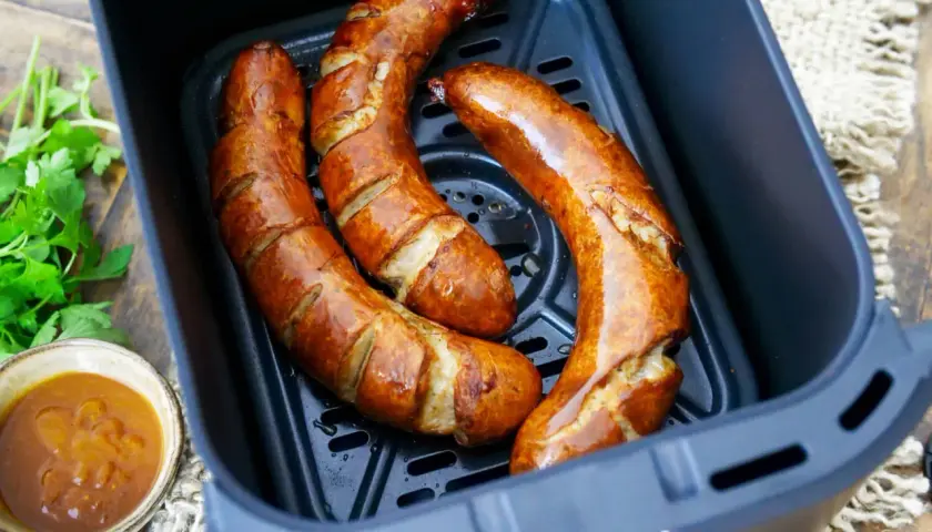 Drei goldbraune Bratwürste in der Heißluftfritteuse, bereit für leckere Bratwurst Rezepte. Dazu ein Schälchen mit Sauce und frische Petersilie.