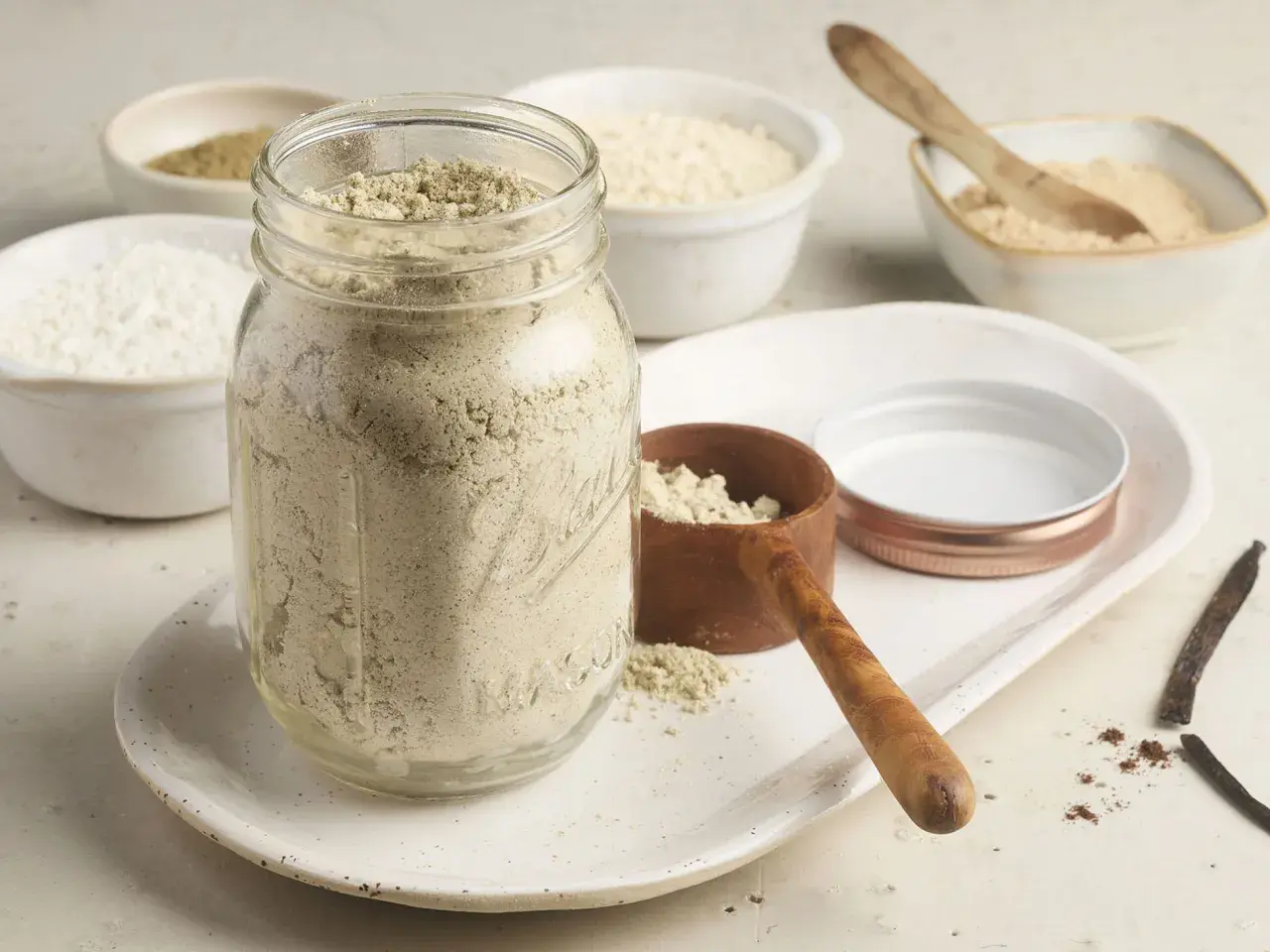 Glas gefüllt mit selbstgemachtem Proteinpulver, daneben Schüsseln mit Zutaten. Perfekt für dein Proteinshake-Rezept!