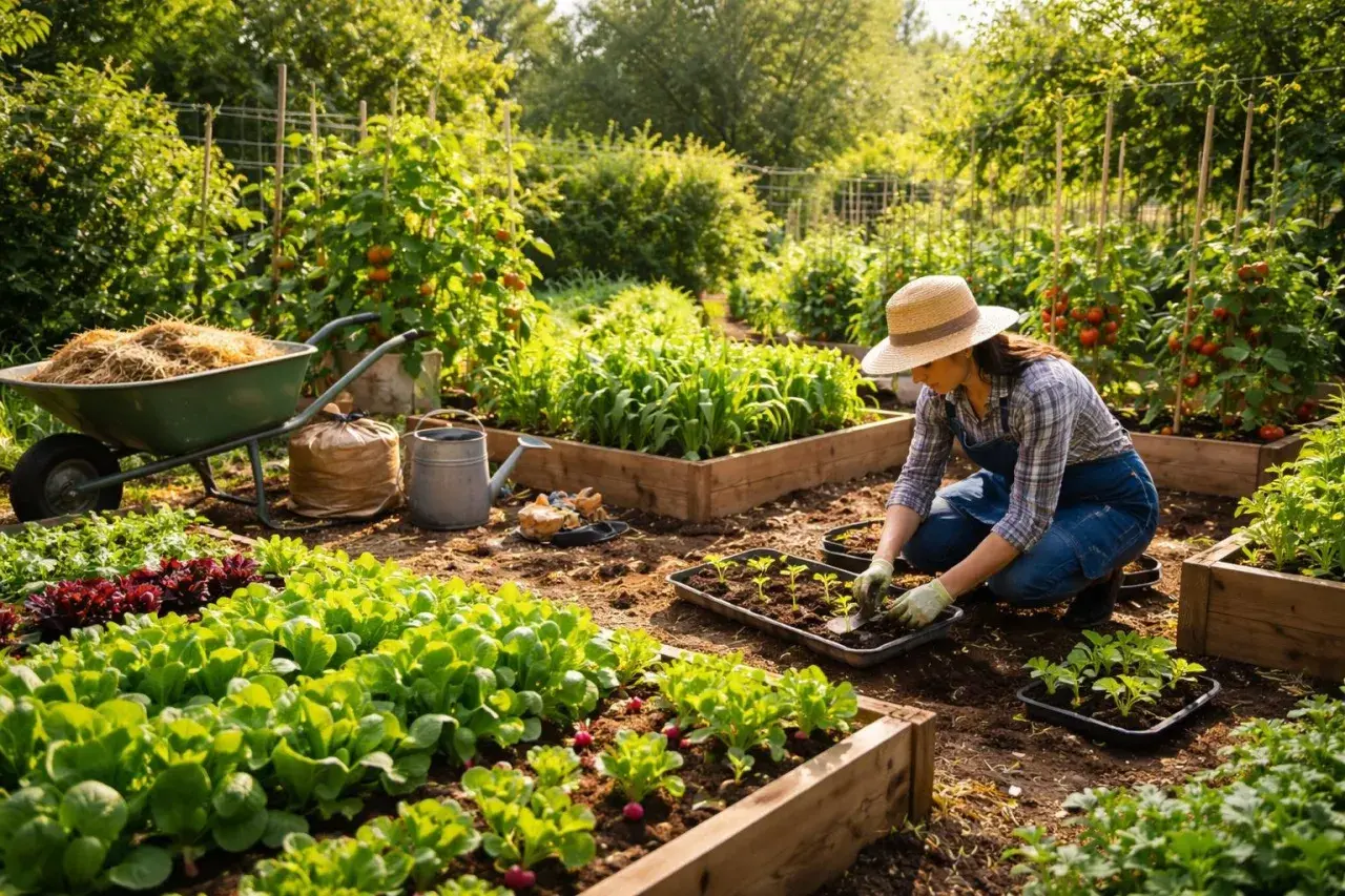 Frau pflanzt Setzlinge im Garten. Juni ist eine gute Zeit, um viele Gemüsesorten zu pflanzen, wie z.B. Tomaten und Salat.