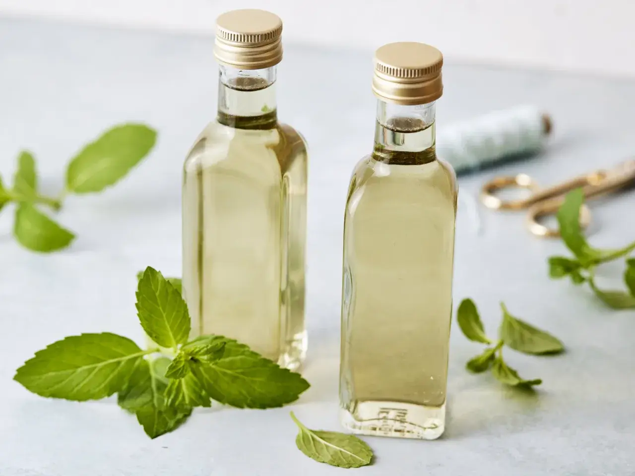 Zwei Flaschen mit selbstgemachtem Minzsirup, umgeben von frischen Minzblättern. Perfekt für Cocktails oder Limonaden.