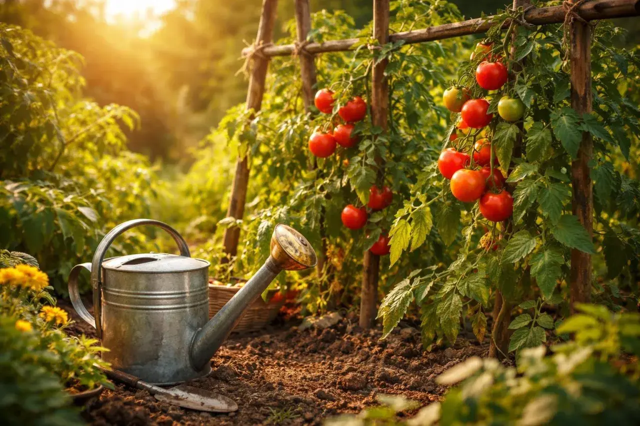 Reife Tomaten an einem sonnigen Gartentag, neben einer Gießkanne und einer kleinen Schaufel.