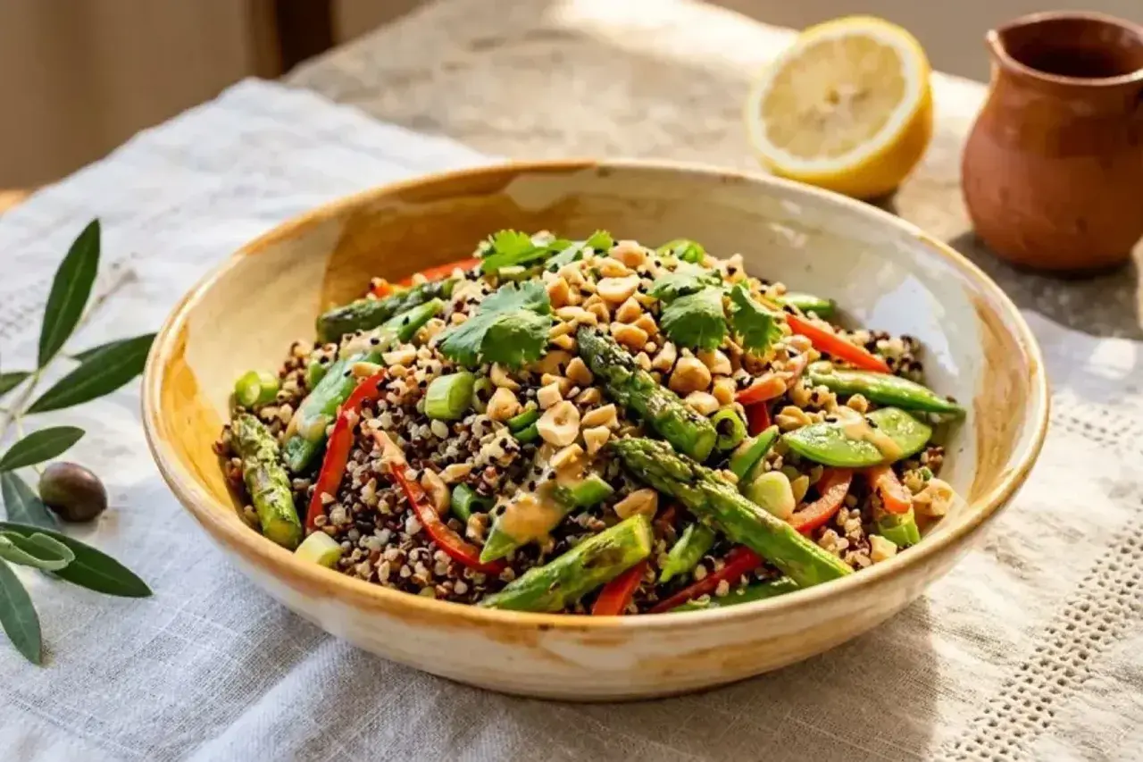 Bunter Quinoa-Salat mit Spargel, Paprika und Erdnüssen. So schmeckt Quinoa frisch und leicht!