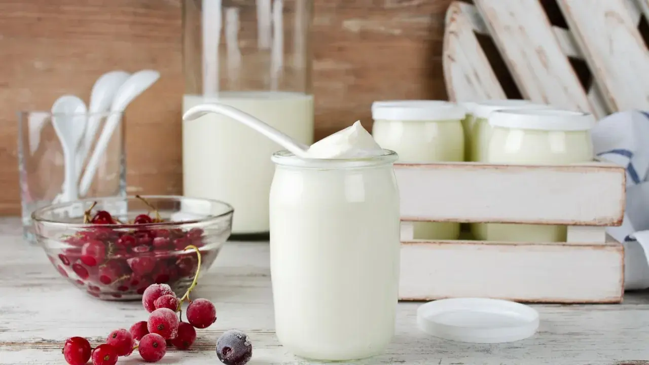 Frische rote Johannisbeeren und cremiger Joghurt in Gläsern – so einfach kann man Joghurt selber machen.