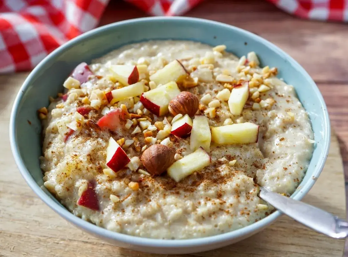 Ein köstlicher Porridge mit Apfelstücken, Nüssen und Zimt. Das ist Porridge, was ist das? Ein gesundes Frühstück!