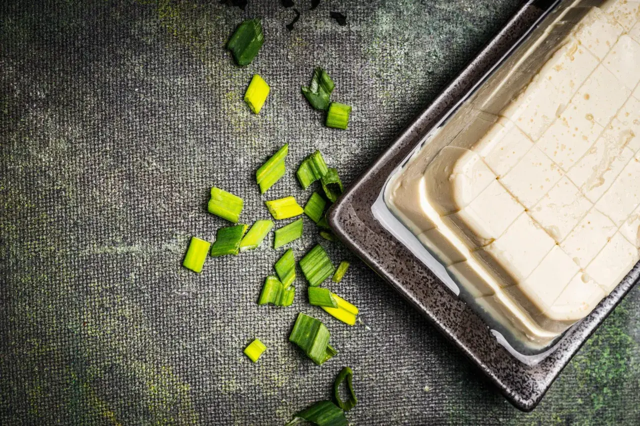 Seidentofu selber machen: Ein Block Seidentofu in einer Schale, daneben geschnittene Frühlingszwiebeln auf dunklem Untergrund.