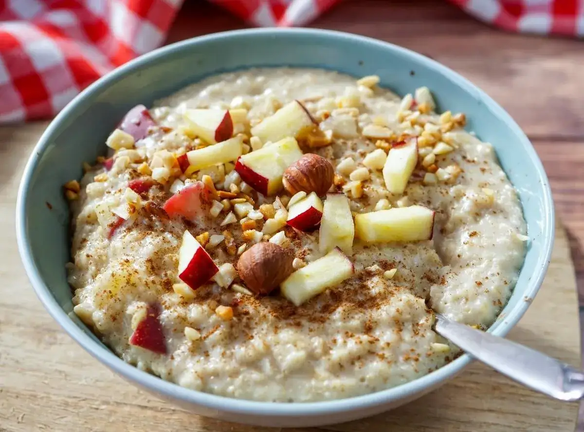 Sch&uuml;ssel mit cremigem Porridge, garniert mit Apfelst&uuml;cken, N&uuml;ssen und Zimt. Perfekt, um Porridge kalt zu essen.
