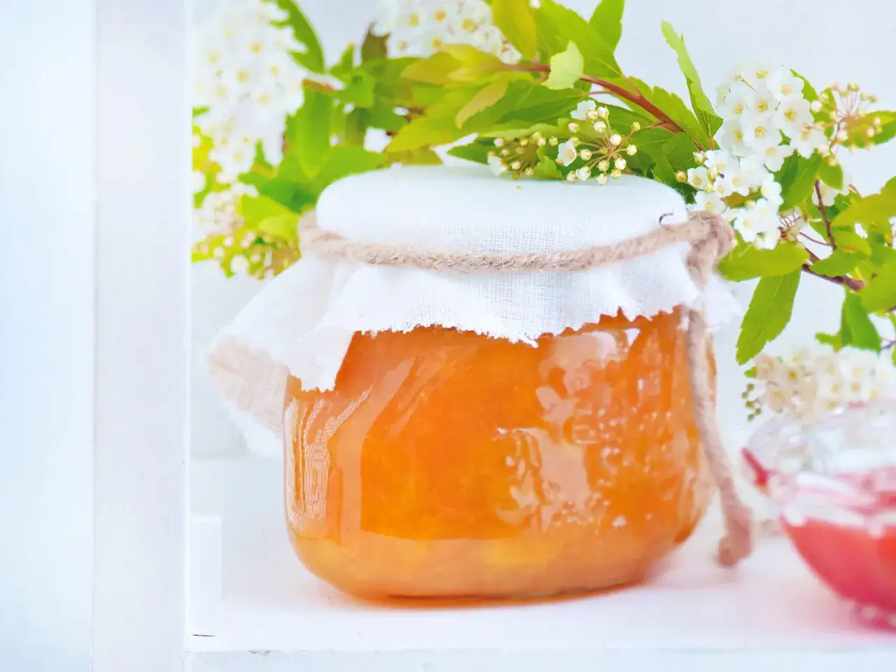 Glas mit leuchtend oranger Aprikosenmarmelade, verziert mit Stoff und Jute. Ein fr&uuml;hlingshaftes aprikosenmarmelade rezept.