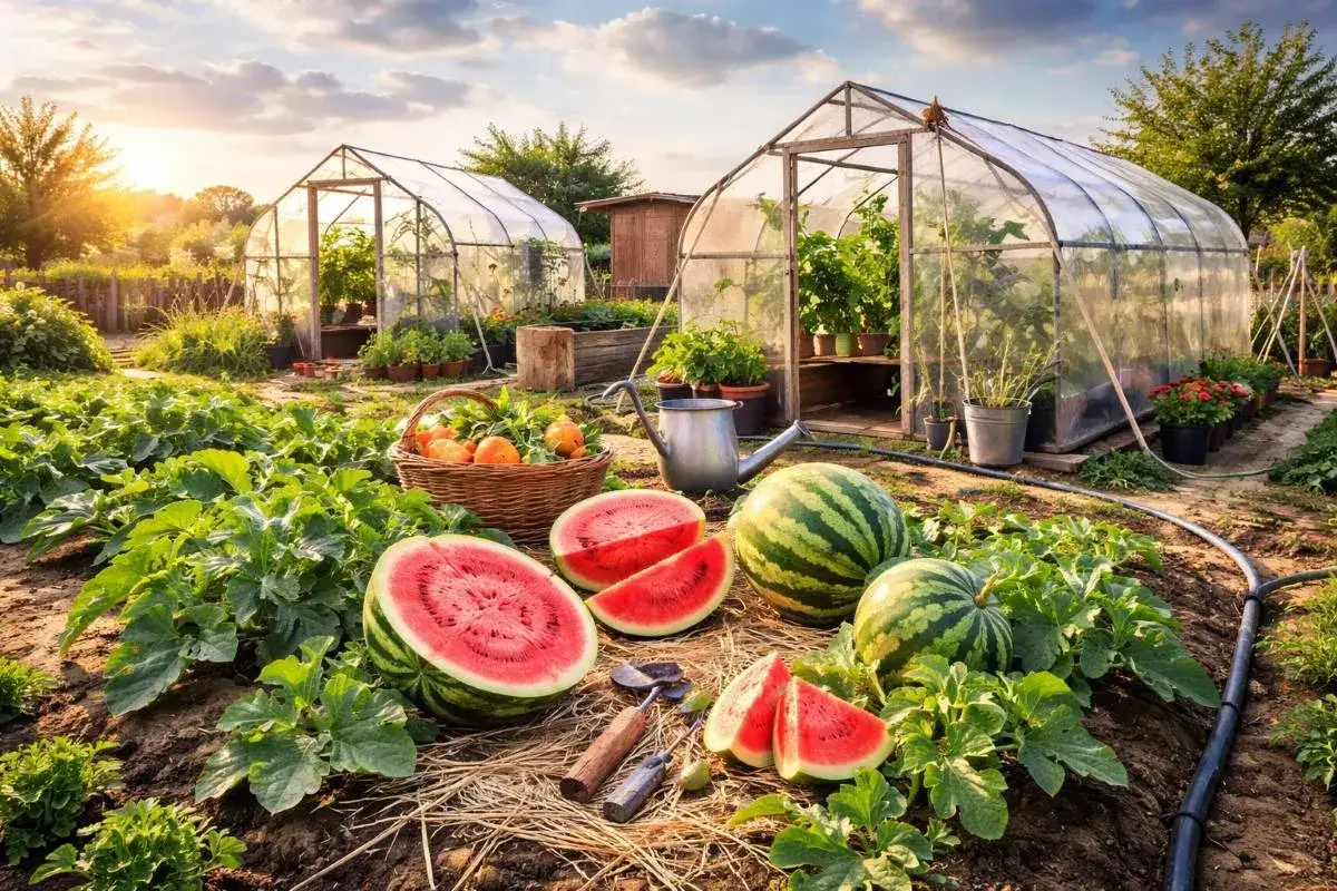 Sonnenuntergang im Garten. Reife Wassermelonen liegen neben einem Korb mit Obst. Gew&auml;chsh&auml;user im Hintergrund. Hier kann man sehen, wie man erfolgreich Melonen anbauen kann.
