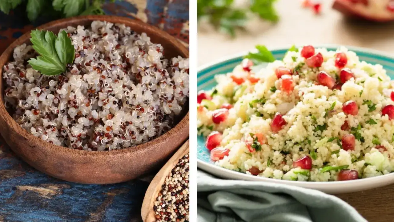 Links Quinoa in Holzschale, rechts Couscous mit Granatapfelkernen und Kr&auml;utern. Eine gesunde Wahl zwischen Couscous oder Reis.