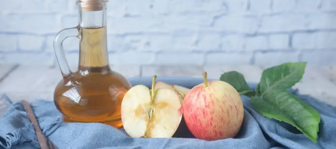 Apfel-Essig-Flasche mit &Auml;pfeln und Bl&auml;ttern. So kann man Essigmutter herstellen.