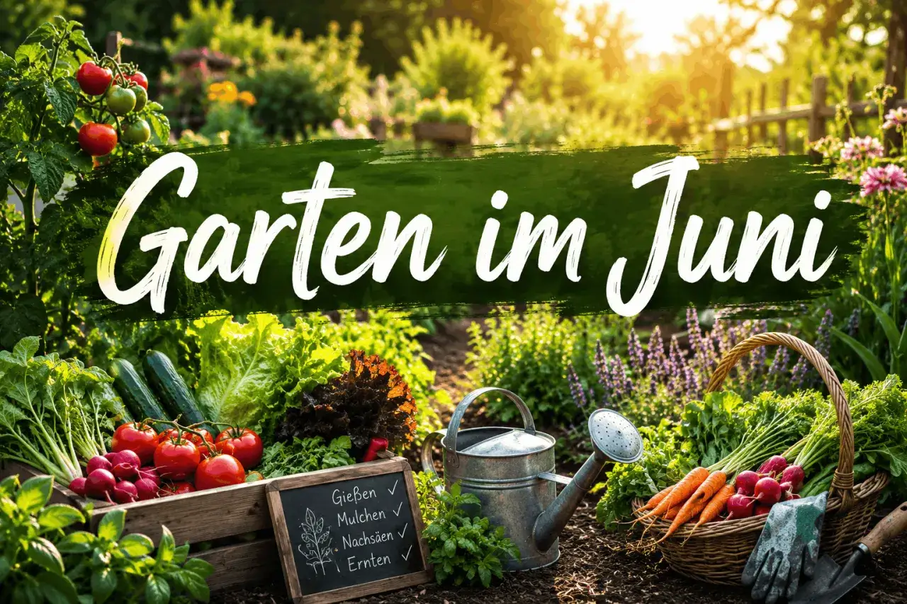 Ein sonniger Garten im Juni mit frisch geerntetem Gemüse. Hier erfährst du, was man im Juni pflanzen kann.