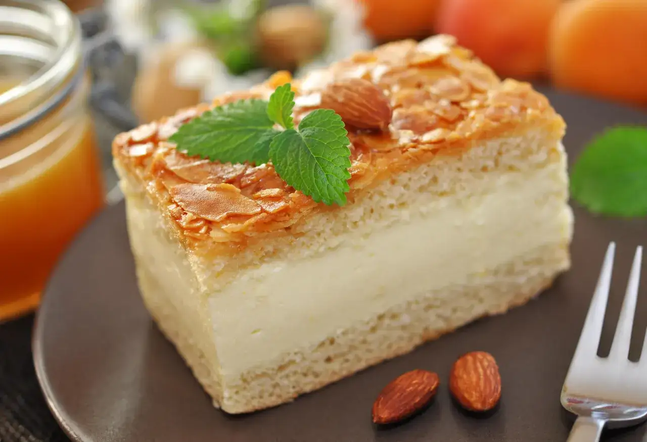 Ein St&uuml;ck Bienenstich-Kuchen mit Mandel-Karamell-Decke und cremiger F&uuml;llung, garniert mit Minze. Perfekt f&uuml;r ein Bienenstich Rezept.
